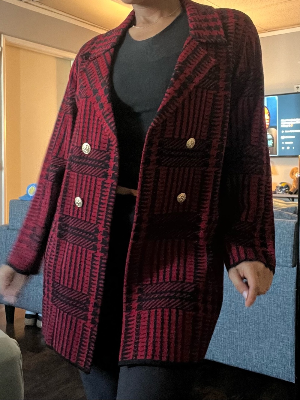 Anne Klein Red Black Houndstooth Sweater Blazer Jacket L Gold Buttons Knit